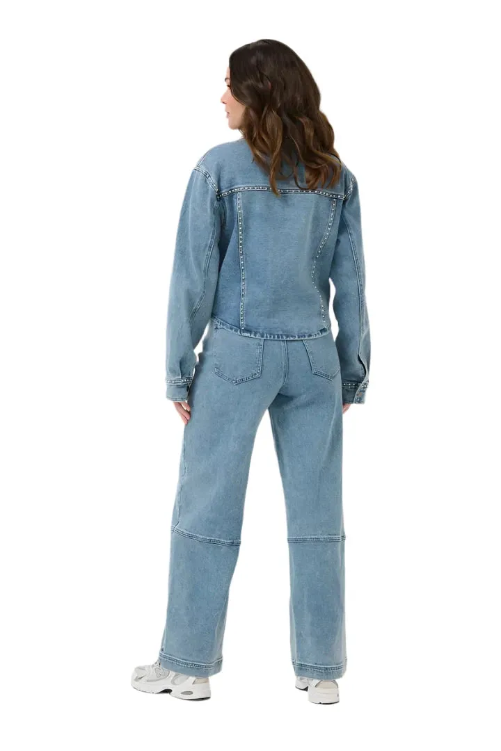 CROPPED LONG SLEEVE SILVER STUDDED DENIM JACKET