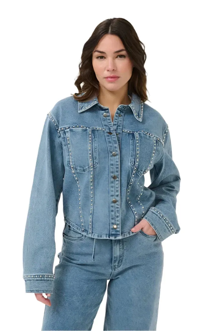 CROPPED LONG SLEEVE SILVER STUDDED DENIM JACKET