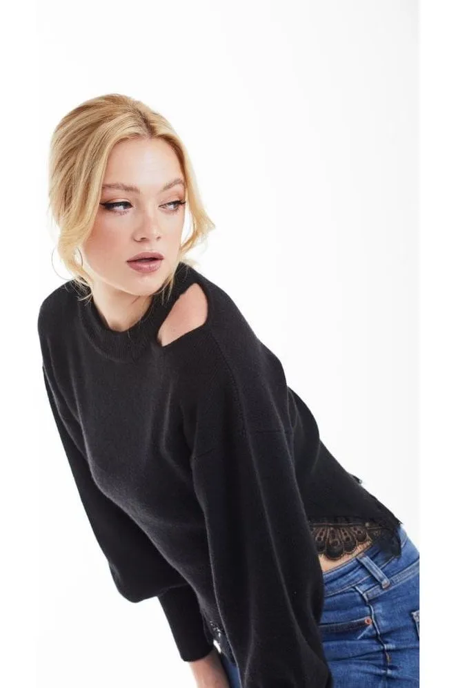 Double Second Black Knit Jumper With Lace Trim