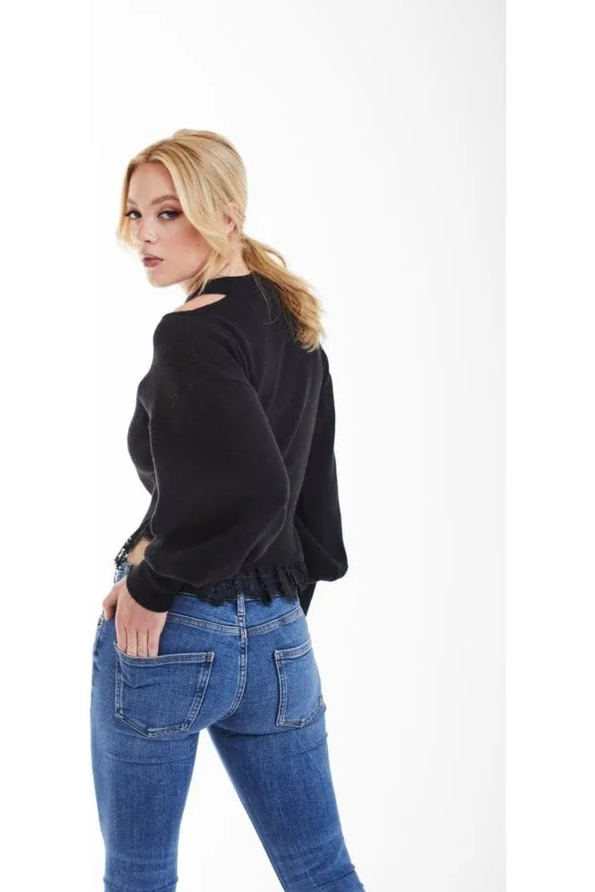 Double Second Black Knit Jumper With Lace Trim