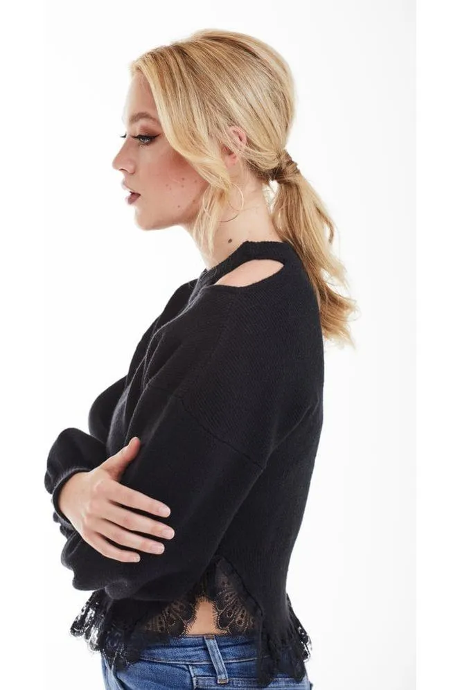 Double Second Black Knit Jumper With Lace Trim