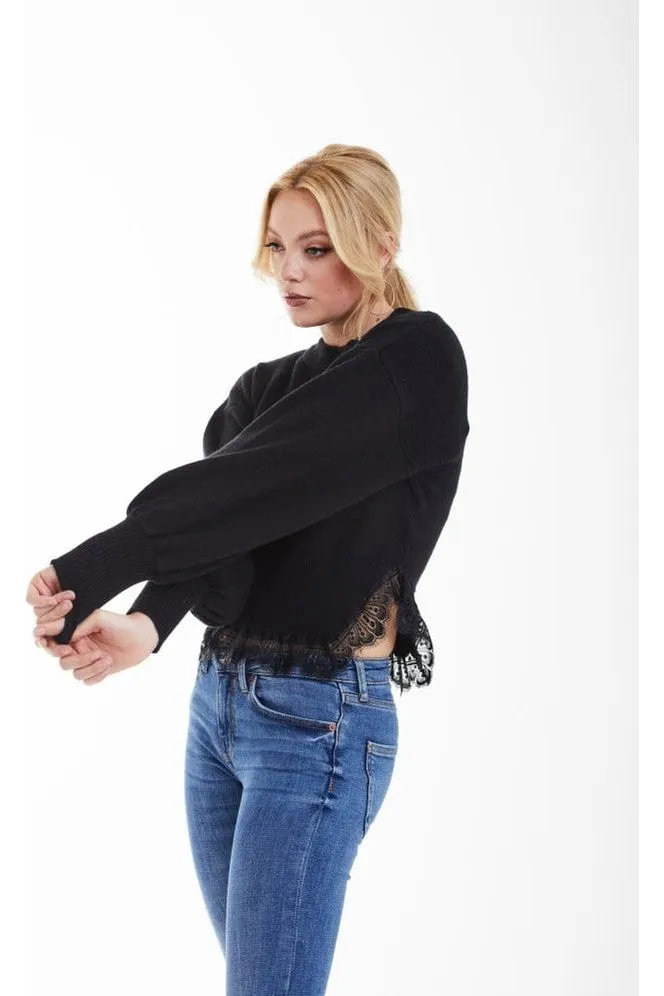 Double Second Black Knit Jumper With Lace Trim