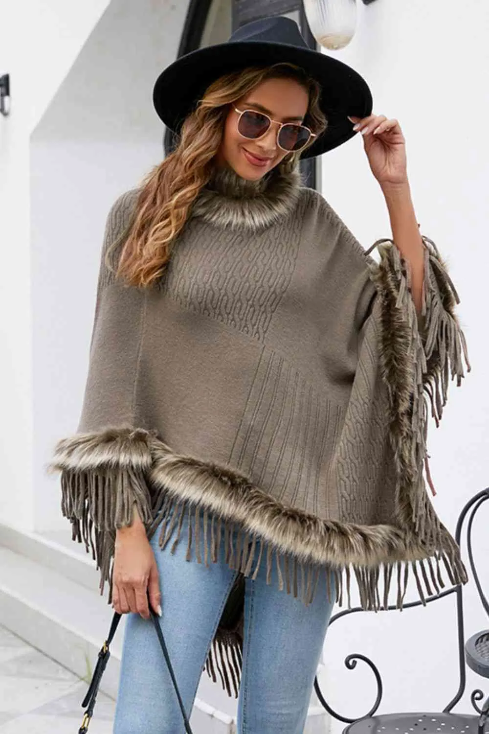 Faux Fur Trim Fringed Poncho | Woman's Casual Solid Stretchy Polyester Poncho