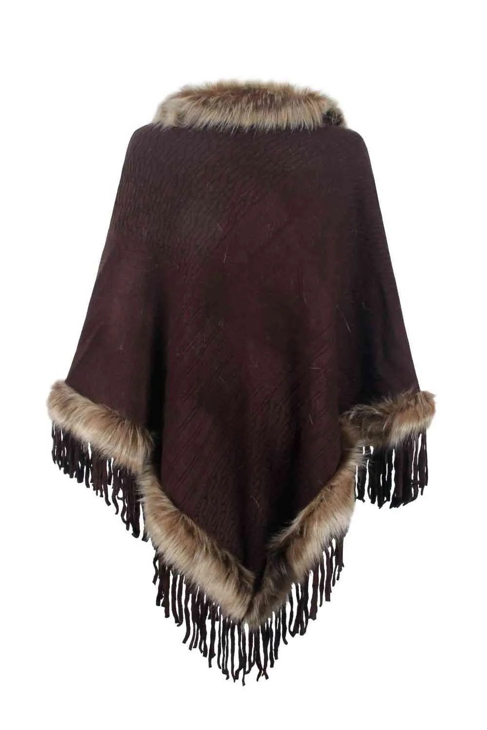 Faux Fur Trim Fringed Poncho | Woman's Casual Solid Stretchy Polyester Poncho