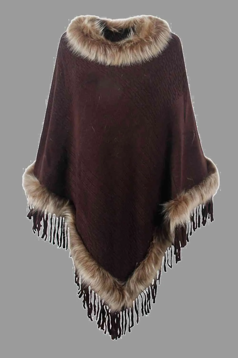 Faux Fur Trim Fringed Poncho | Woman's Casual Solid Stretchy Polyester Poncho