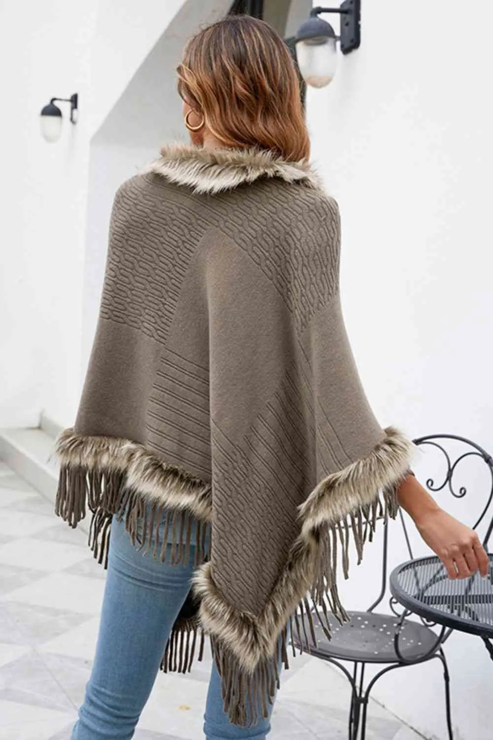 Faux Fur Trim Fringed Poncho | Woman's Casual Solid Stretchy Polyester Poncho
