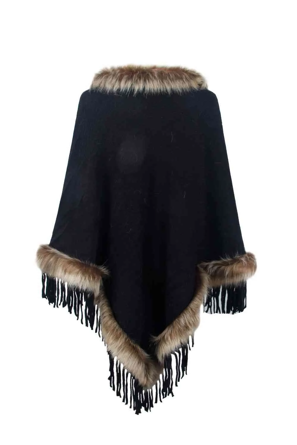 Faux Fur Trim Fringed Poncho | Woman's Casual Solid Stretchy Polyester Poncho