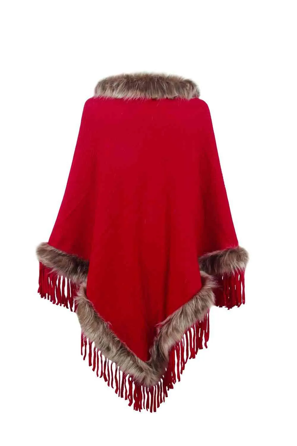 Faux Fur Trim Fringed Poncho | Woman's Casual Solid Stretchy Polyester Poncho
