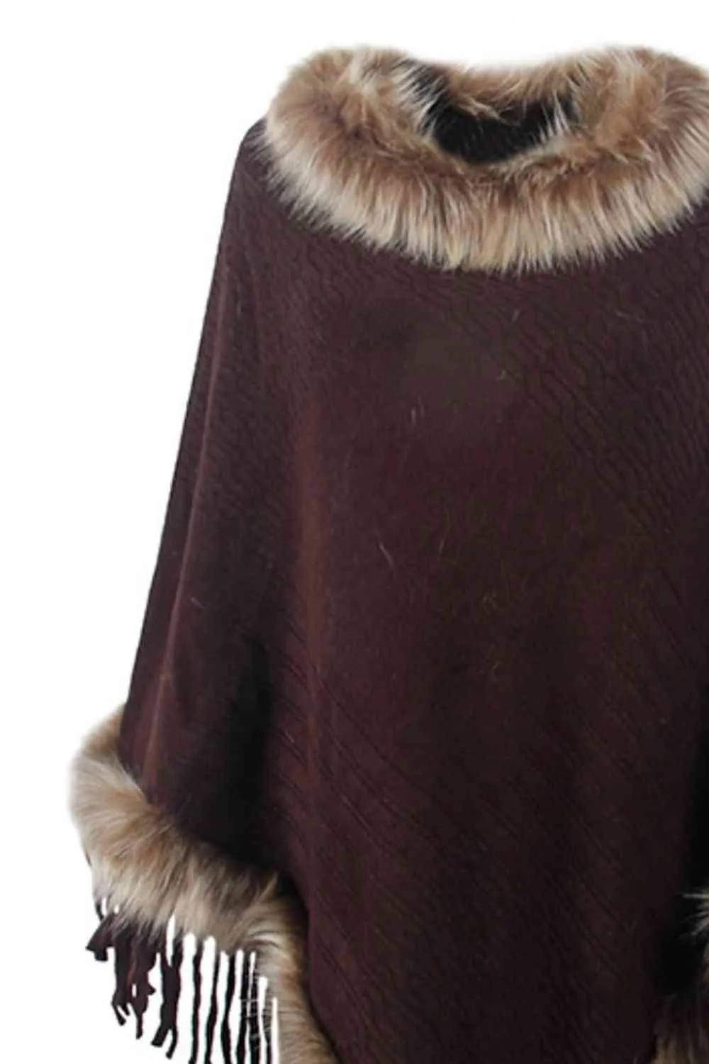 Faux Fur Trim Fringed Poncho | Woman's Casual Solid Stretchy Polyester Poncho