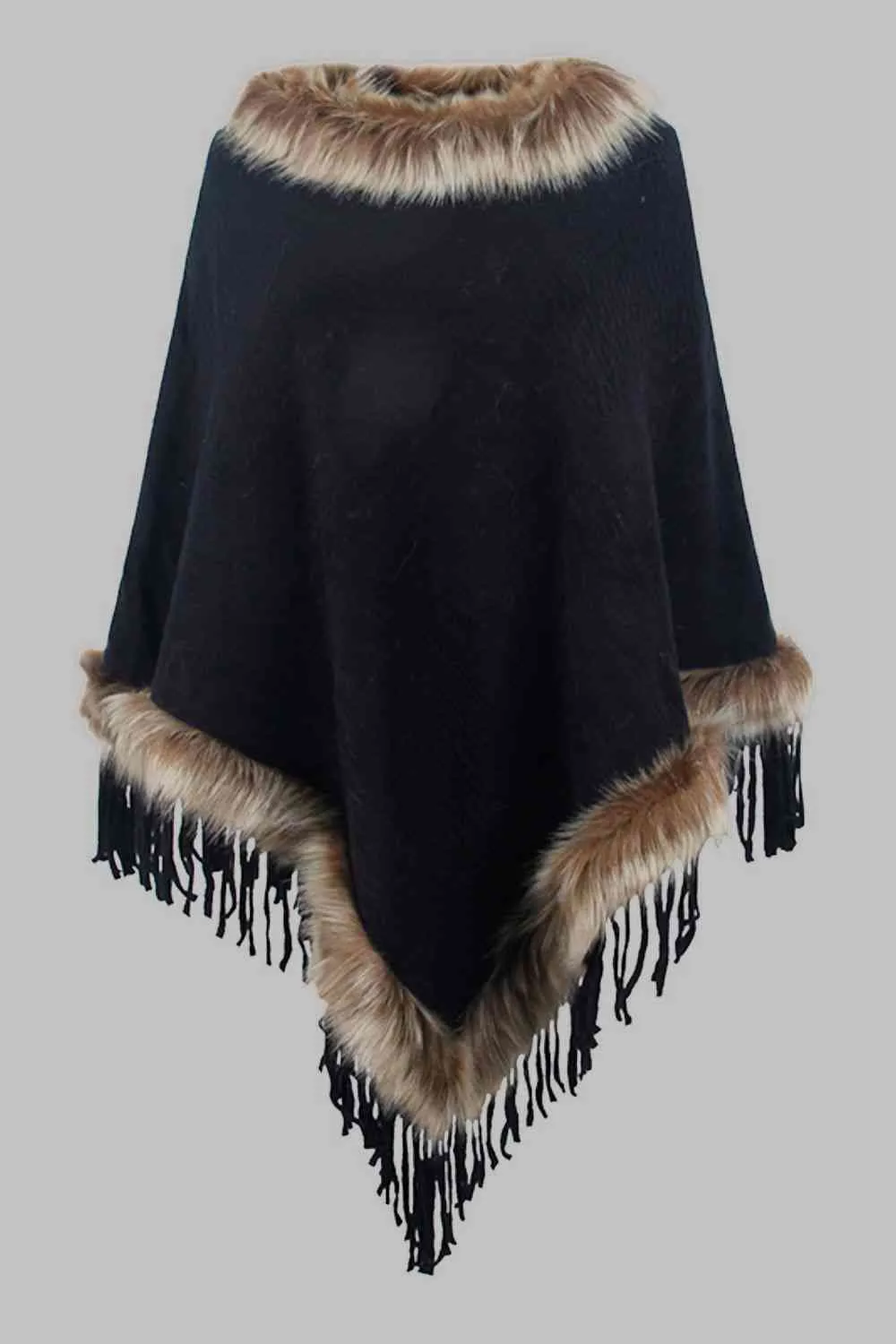 Faux Fur Trim Fringed Poncho | Woman's Casual Solid Stretchy Polyester Poncho