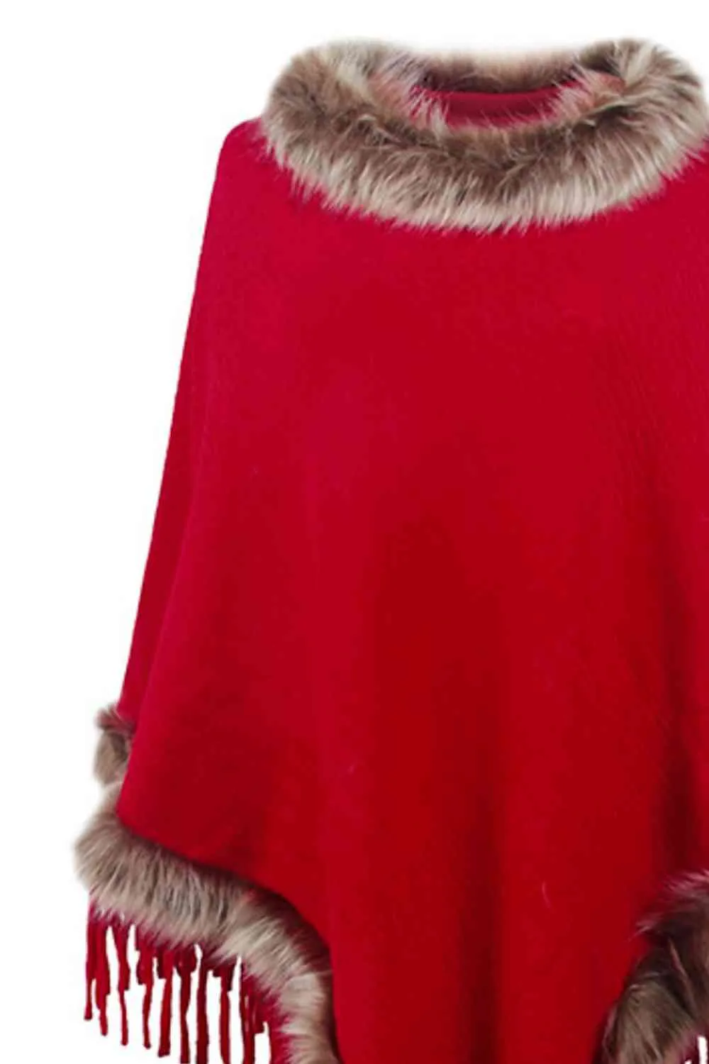 Faux Fur Trim Fringed Poncho | Woman's Casual Solid Stretchy Polyester Poncho