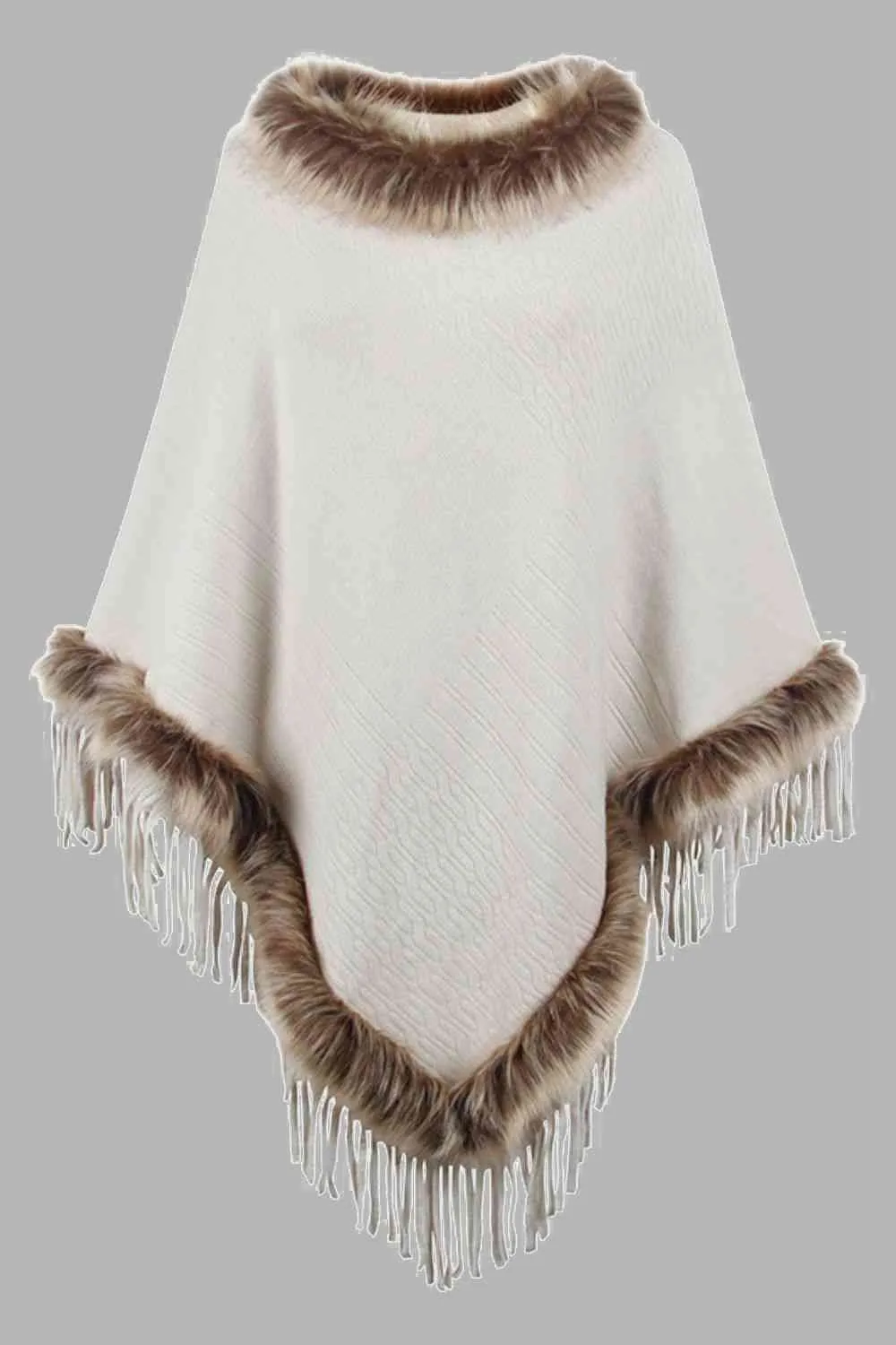 Faux Fur Trim Fringed Poncho | Woman's Casual Solid Stretchy Polyester Poncho