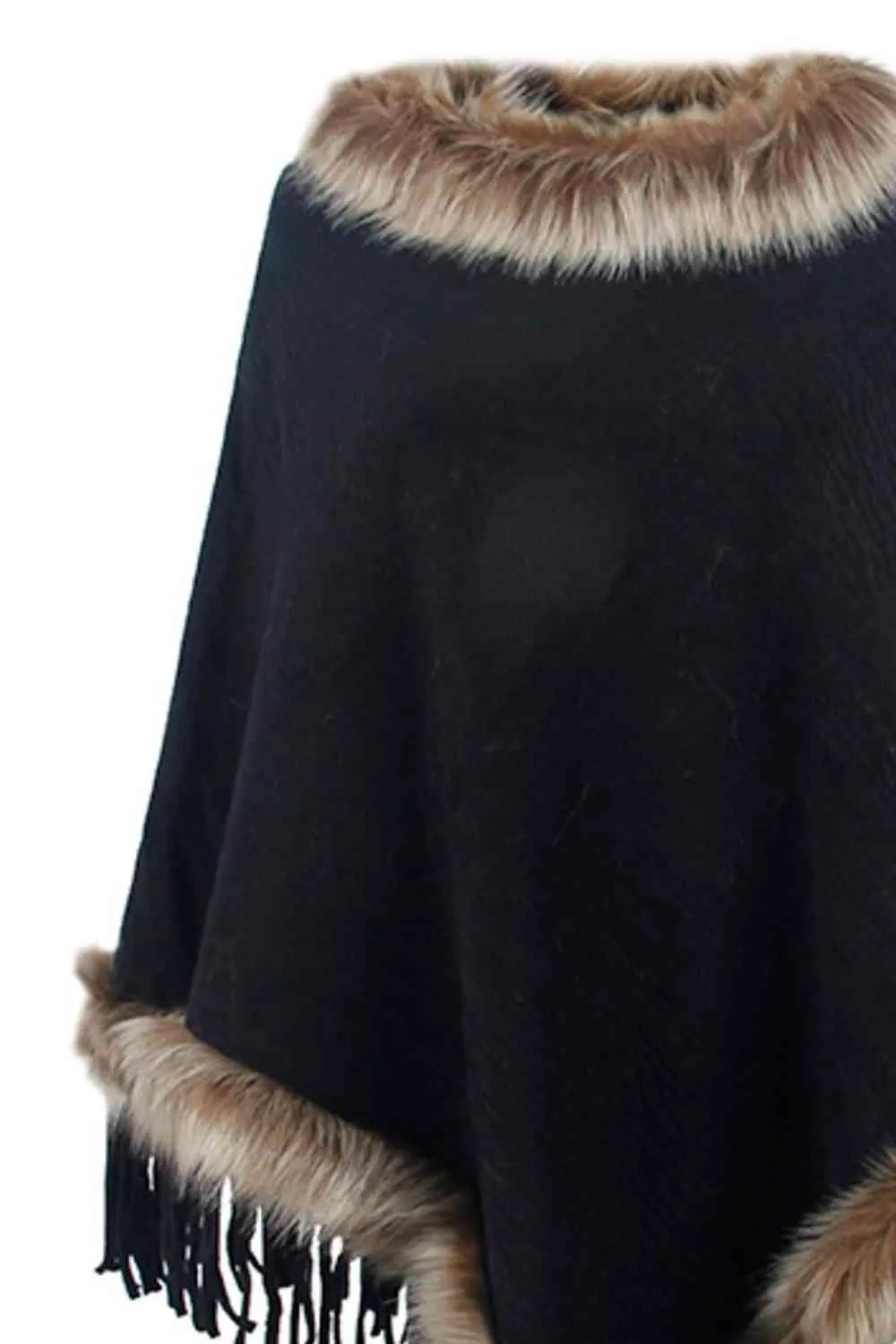 Faux Fur Trim Fringed Poncho | Woman's Casual Solid Stretchy Polyester Poncho