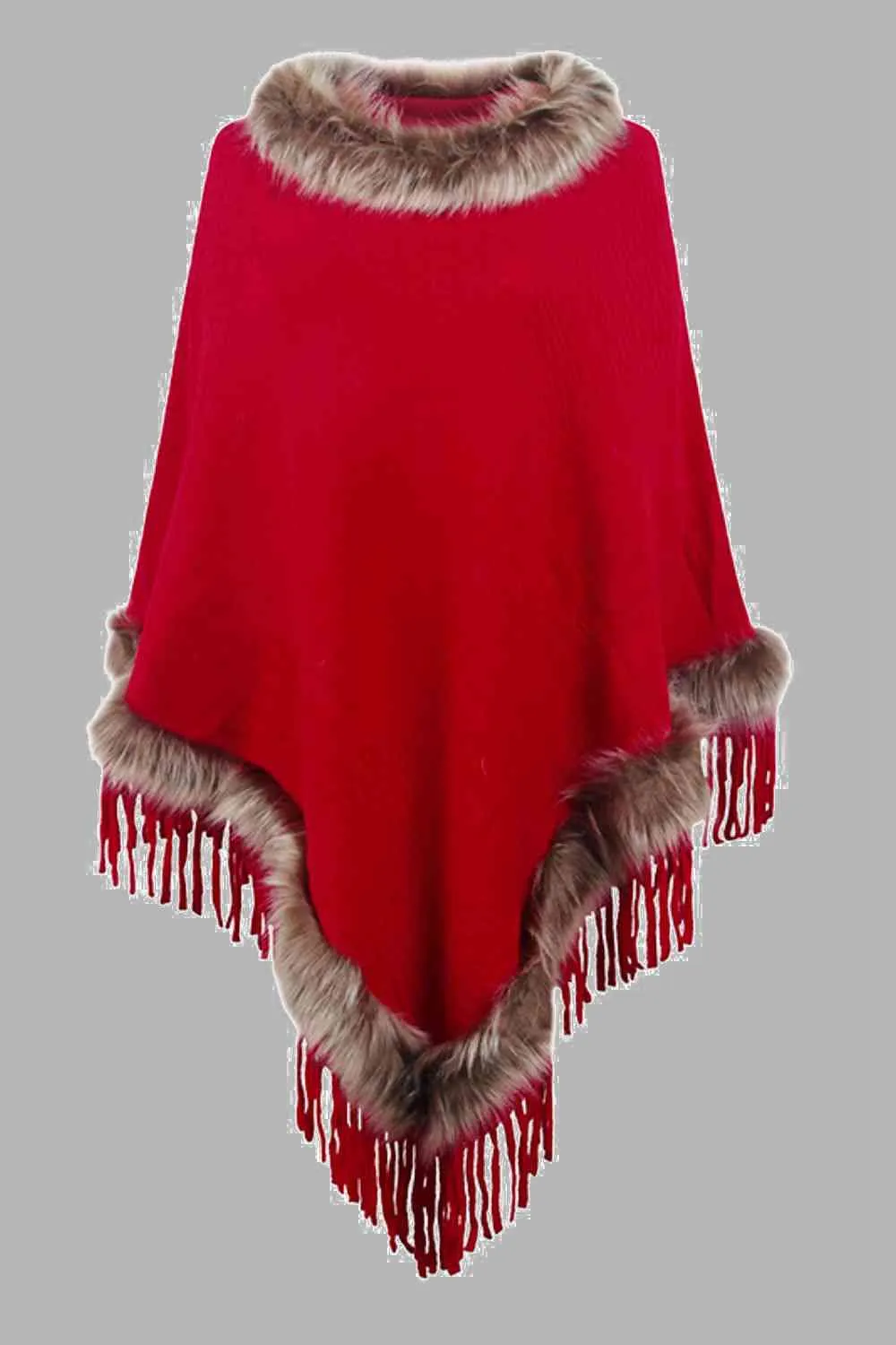Faux Fur Trim Fringed Poncho | Woman's Casual Solid Stretchy Polyester Poncho