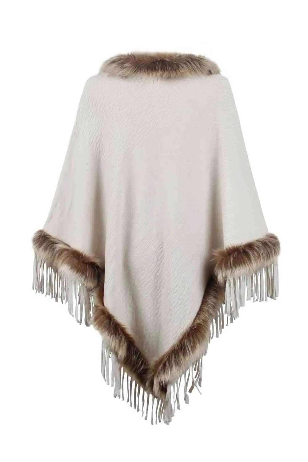 Faux Fur Trim Fringed Poncho | Woman's Casual Solid Stretchy Polyester Poncho