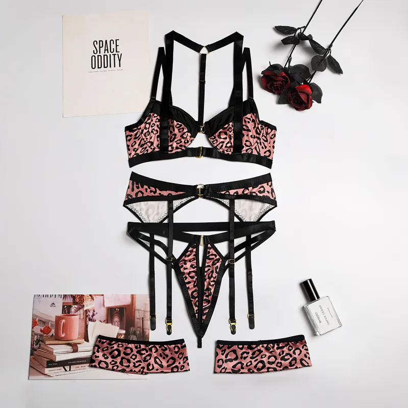 Female Hollow Out Sexy Leopard Lingerie / Women's Erotic 3-Piece Underwear Outfit