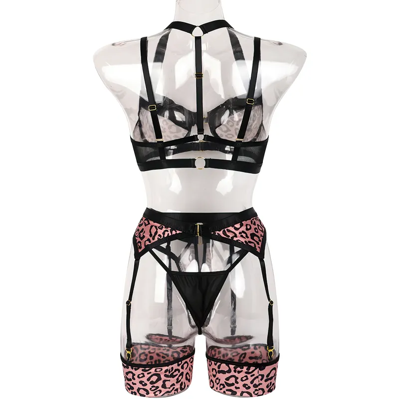 Female Hollow Out Sexy Leopard Lingerie / Women's Erotic 3-Piece Underwear Outfit