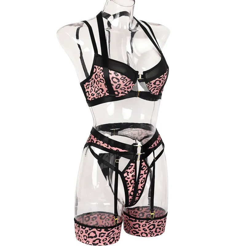 Female Hollow Out Sexy Leopard Lingerie / Women's Erotic 3-Piece Underwear Outfit