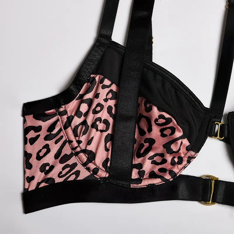 Female Hollow Out Sexy Leopard Lingerie / Women's Erotic 3-Piece Underwear Outfit