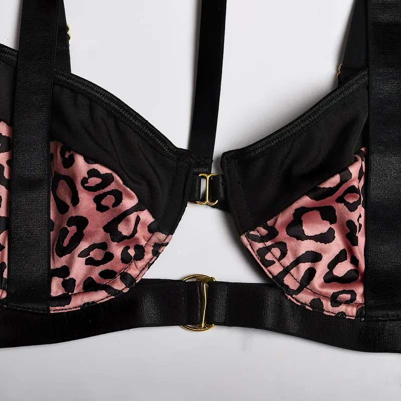 Female Hollow Out Sexy Leopard Lingerie / Women's Erotic 3-Piece Underwear Outfit