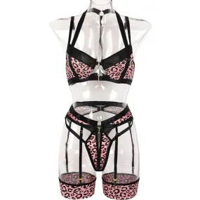 Female Hollow Out Sexy Leopard Lingerie / Women's Erotic 3-Piece Underwear Outfit