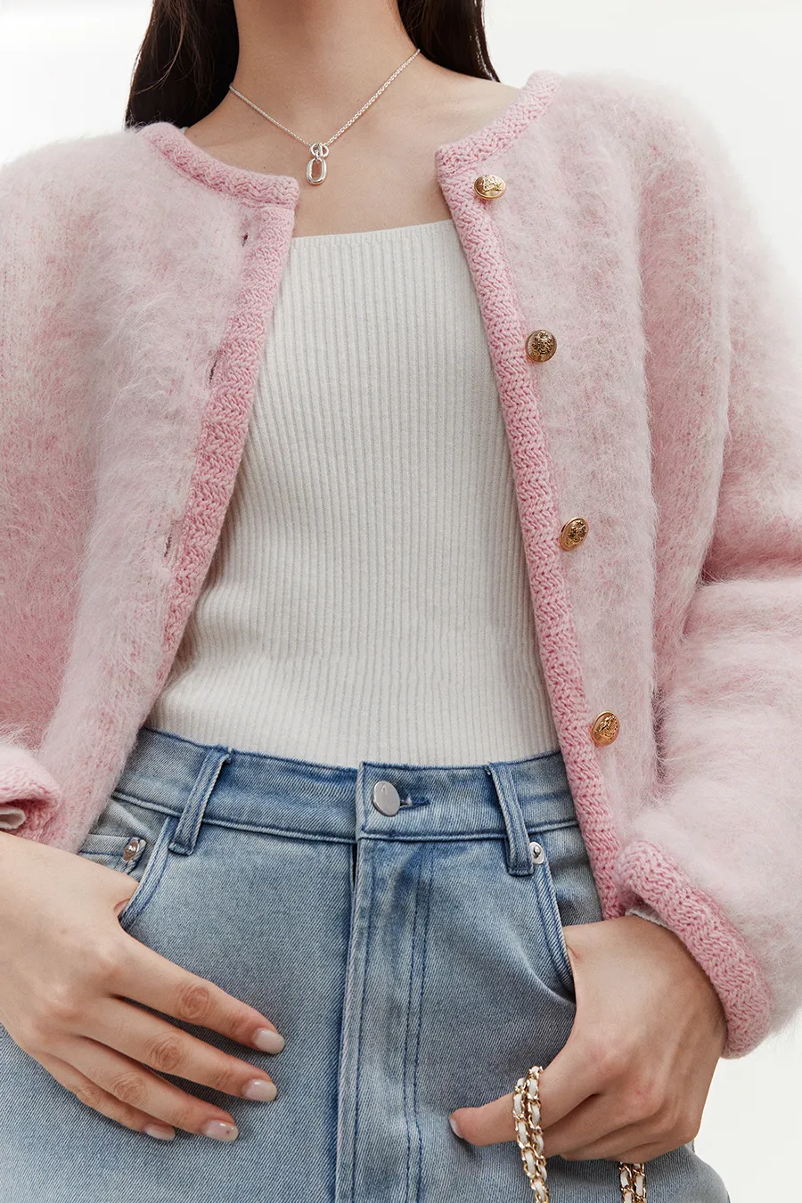 Golden Button Fluffy Alpaca Wool Knit Bouncle Jacket