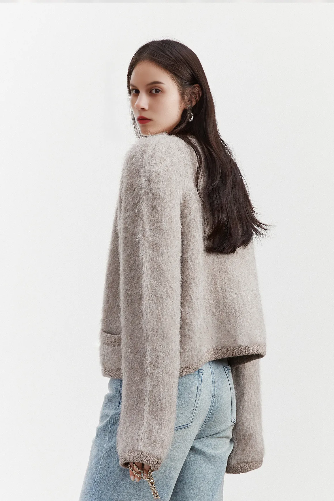 Golden Button Fluffy Alpaca Wool Knit Bouncle Jacket