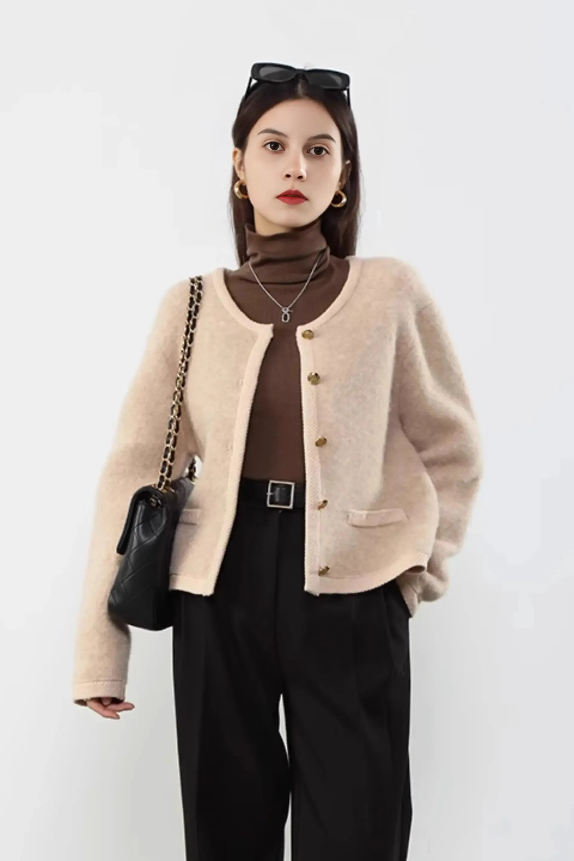 Golden Button Fluffy Alpaca Wool Knit Bouncle Jacket