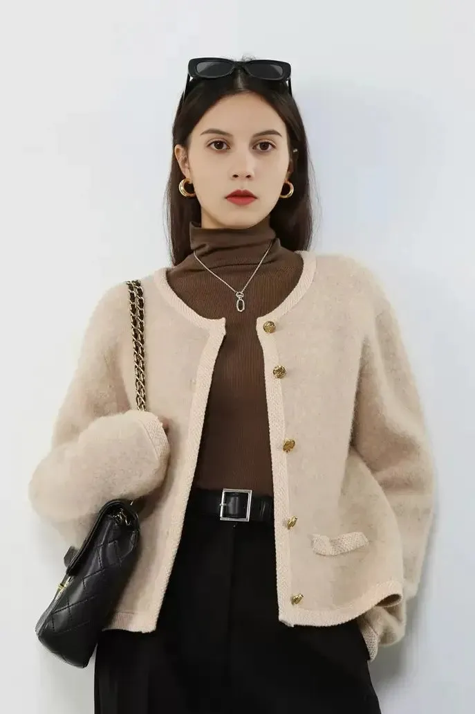Golden Button Fluffy Alpaca Wool Knit Bouncle Jacket