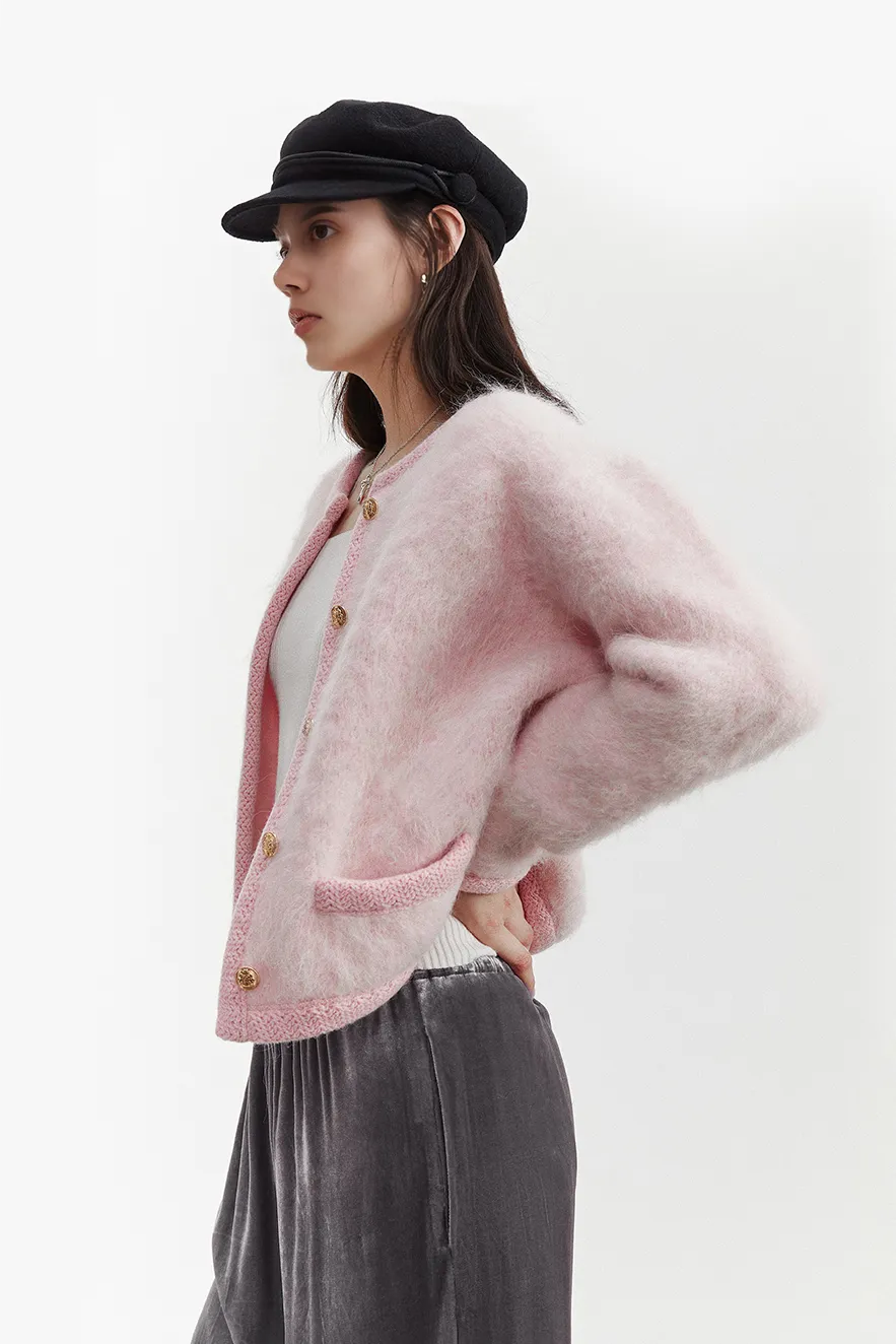 Golden Button Fluffy Alpaca Wool Knit Bouncle Jacket