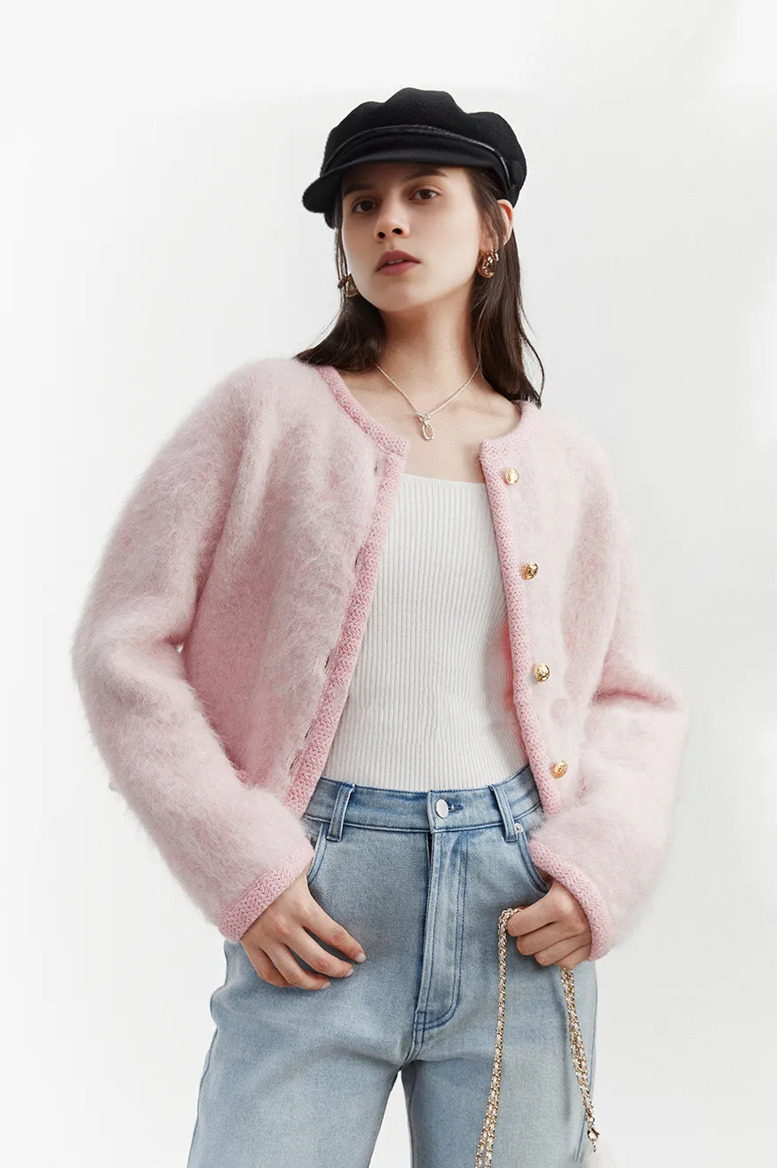 Golden Button Fluffy Alpaca Wool Knit Bouncle Jacket