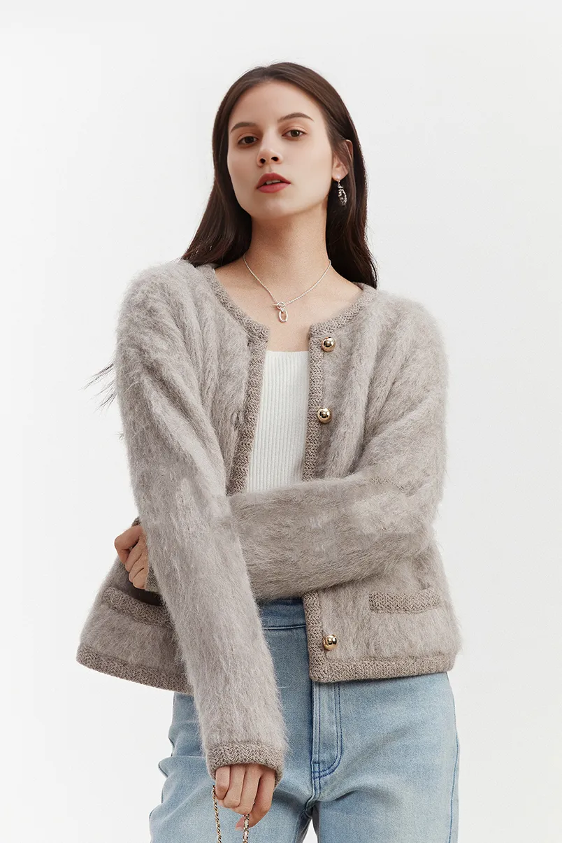 Golden Button Fluffy Alpaca Wool Knit Bouncle Jacket