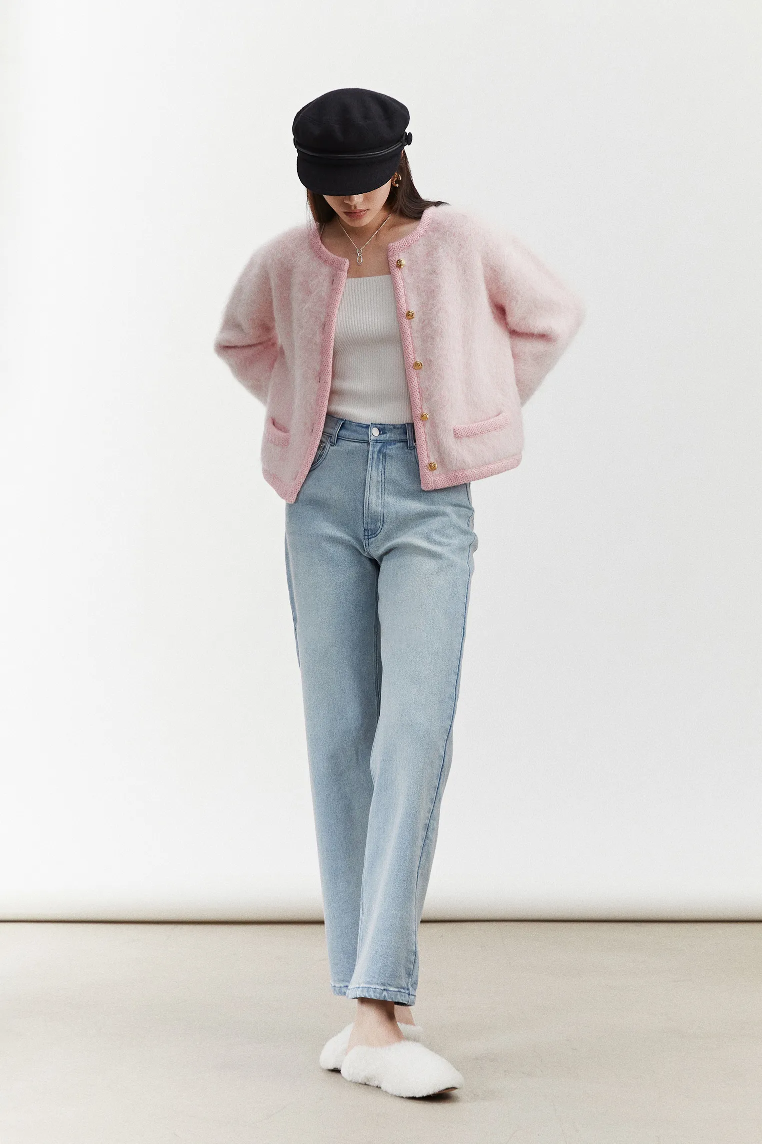 Golden Button Fluffy Alpaca Wool Knit Bouncle Jacket