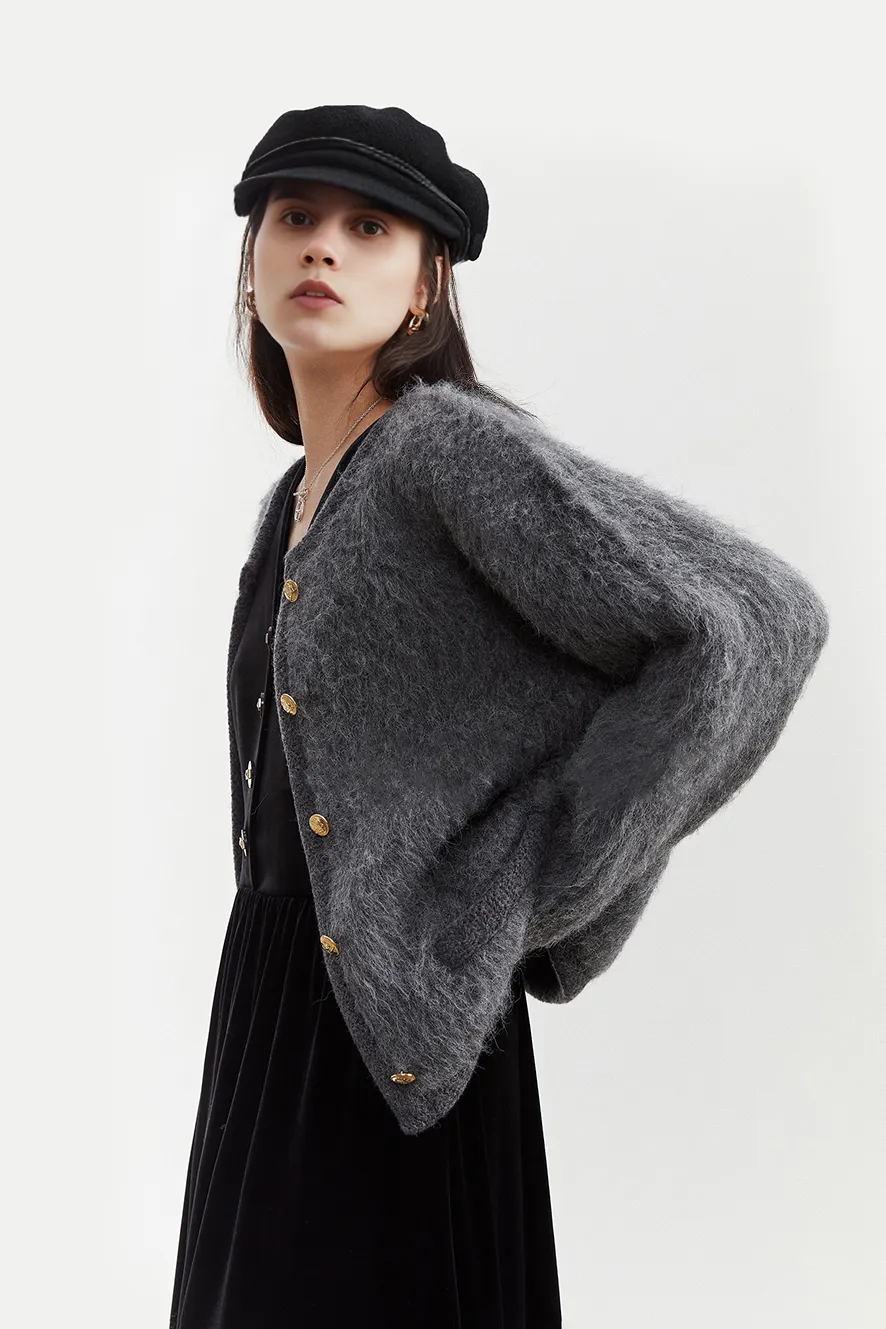Golden Button Fluffy Alpaca Wool Knit Bouncle Jacket
