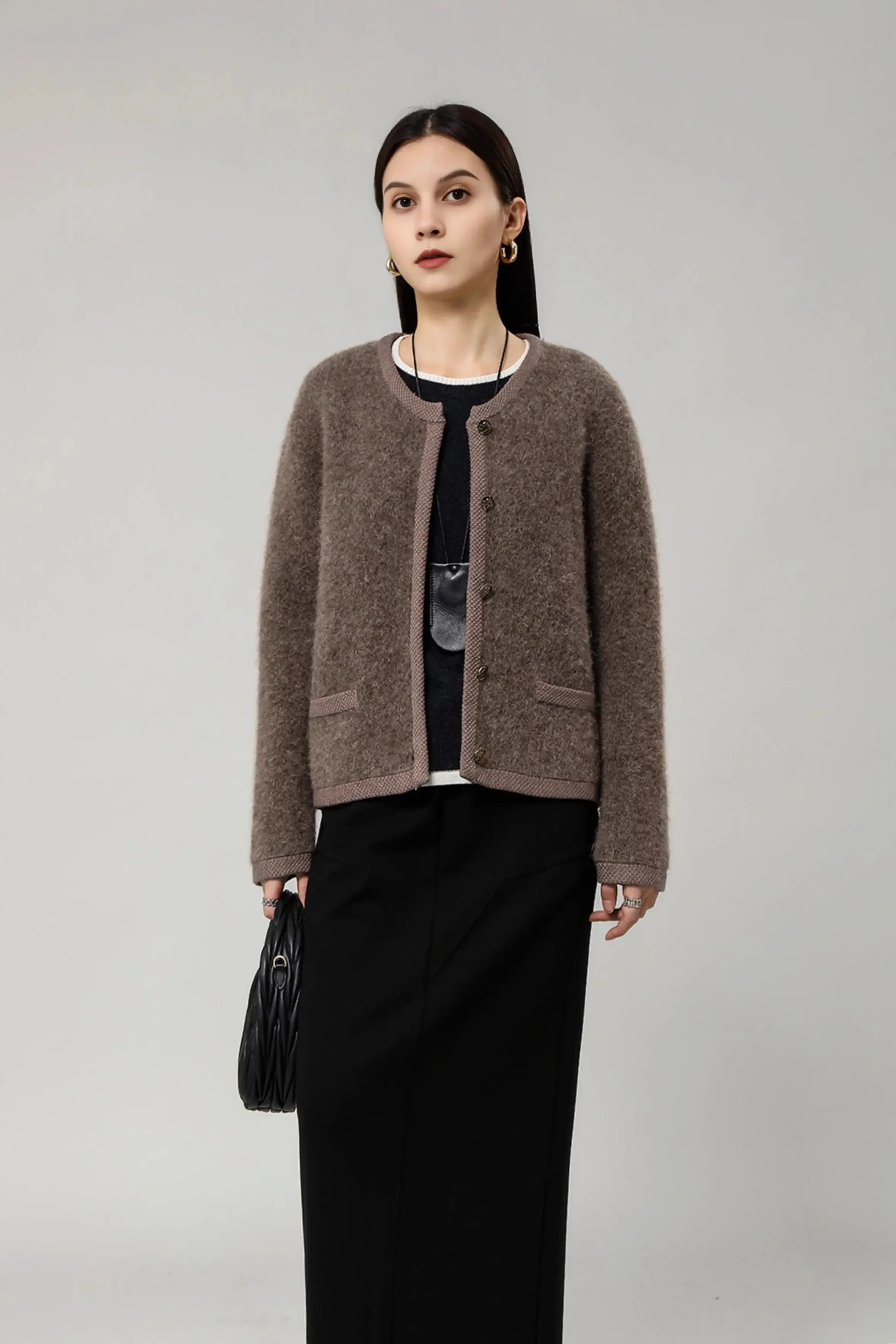 Golden Button Fluffy Alpaca Wool Knit Bouncle Jacket
