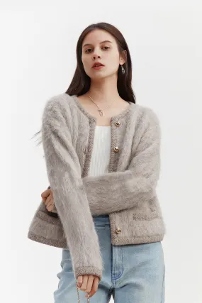 Golden Button Fluffy Alpaca Wool Knit Bouncle Jacket