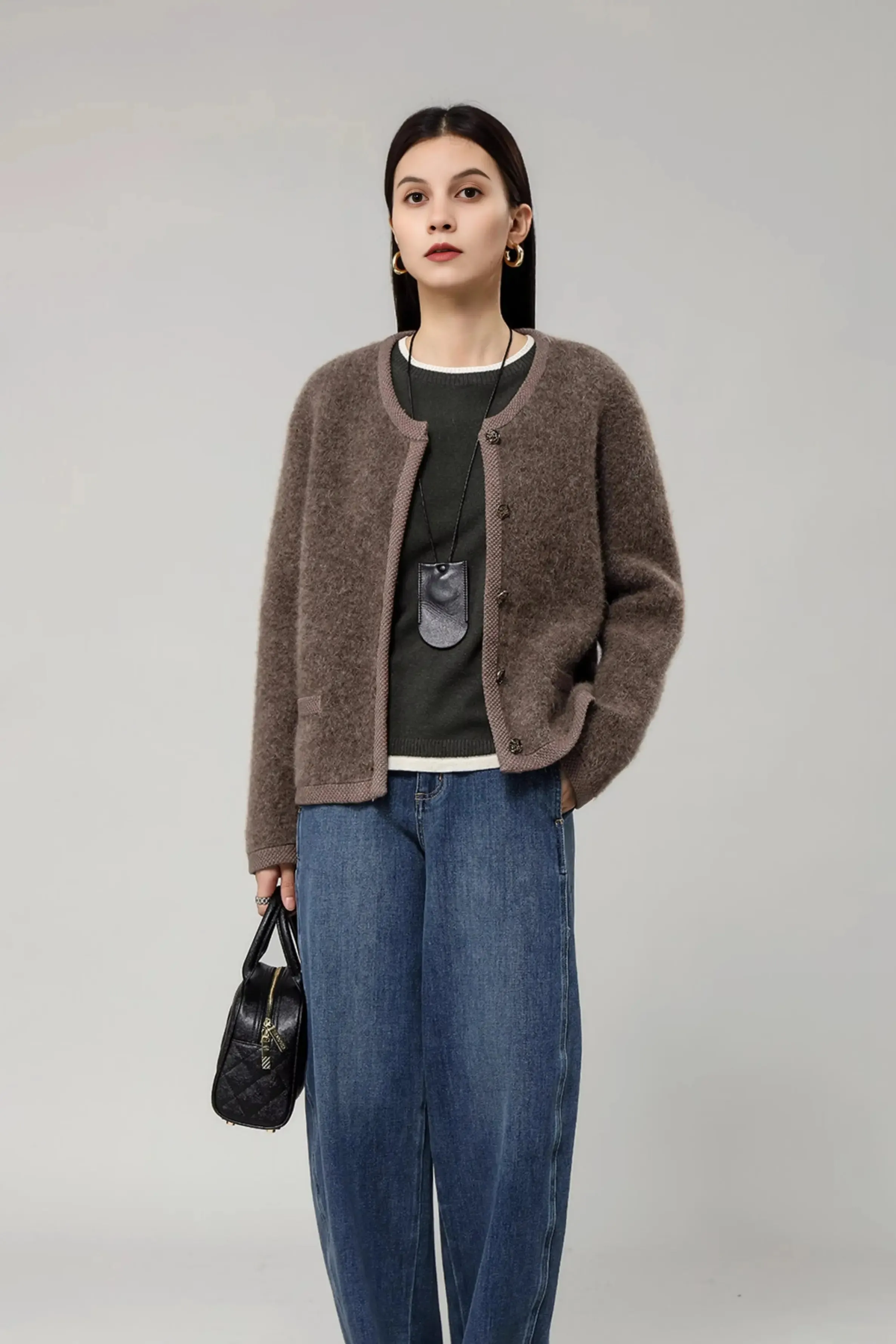 Golden Button Fluffy Alpaca Wool Knit Bouncle Jacket