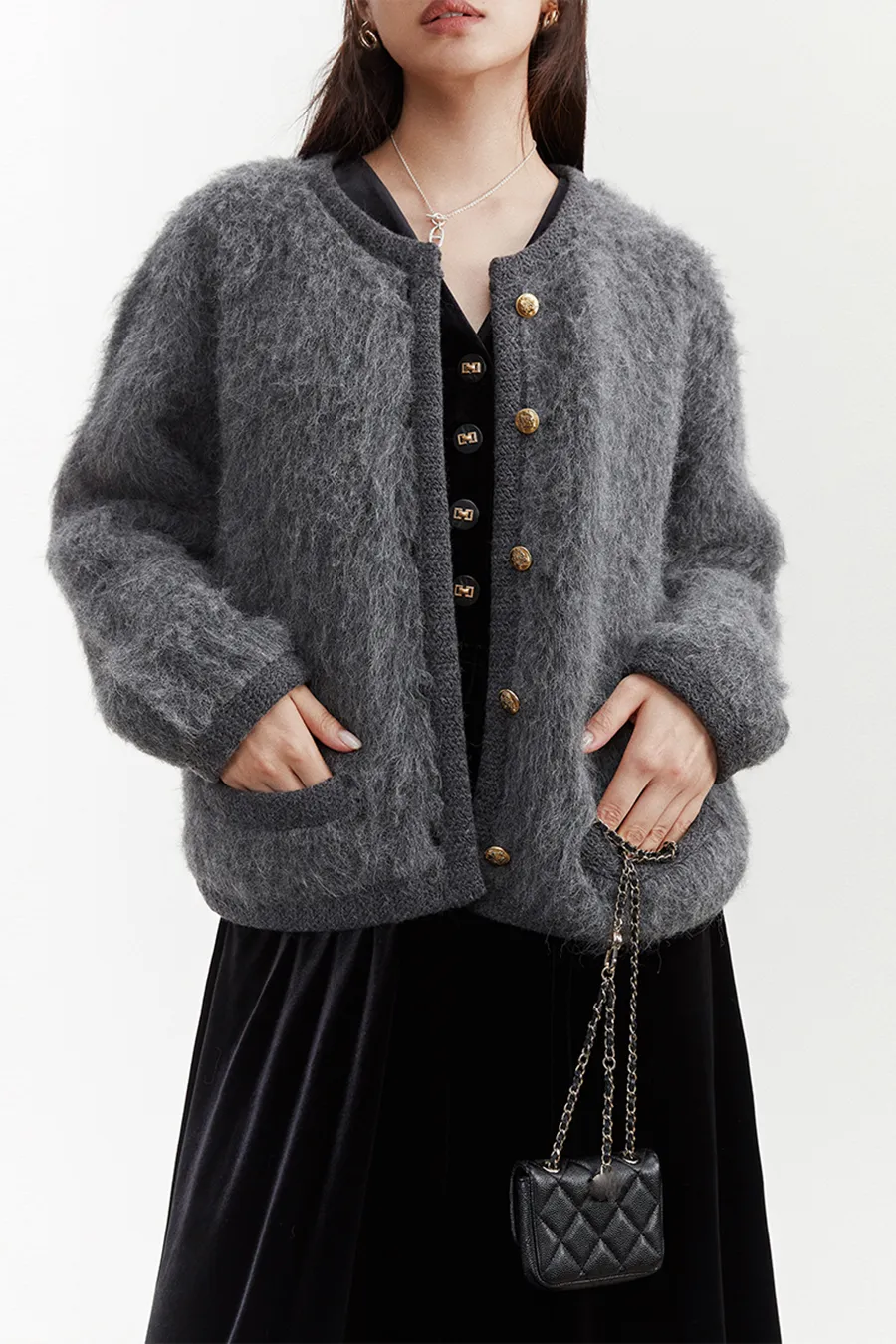 Golden Button Fluffy Alpaca Wool Knit Bouncle Jacket