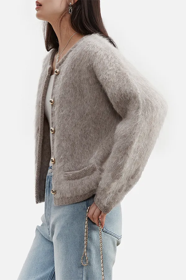 Golden Button Fluffy Alpaca Wool Knit Bouncle Jacket