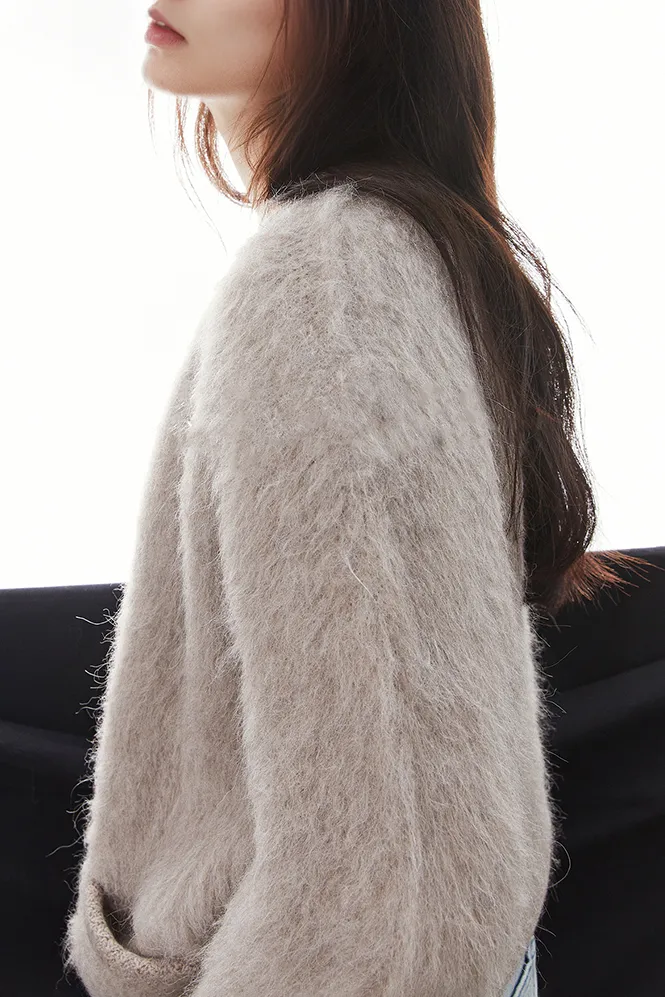 Golden Button Fluffy Alpaca Wool Knit Bouncle Jacket