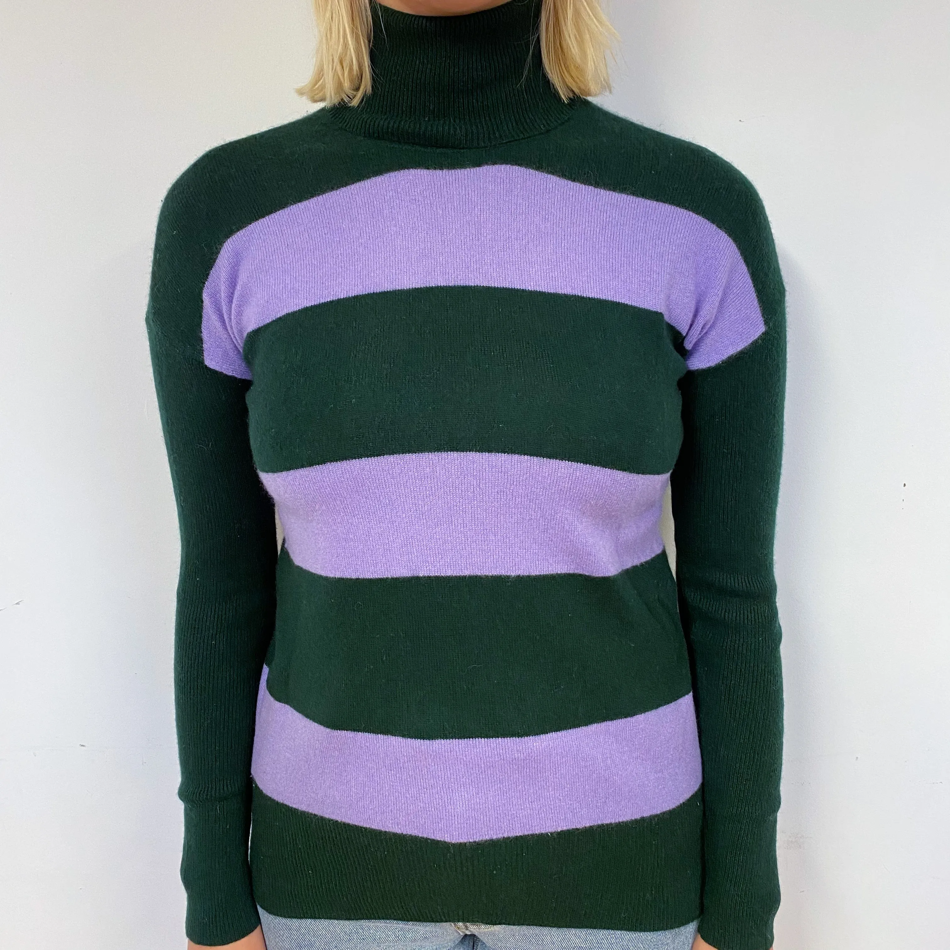 Green and Purple Stripe Cashmere Polo Neck Jumper Small