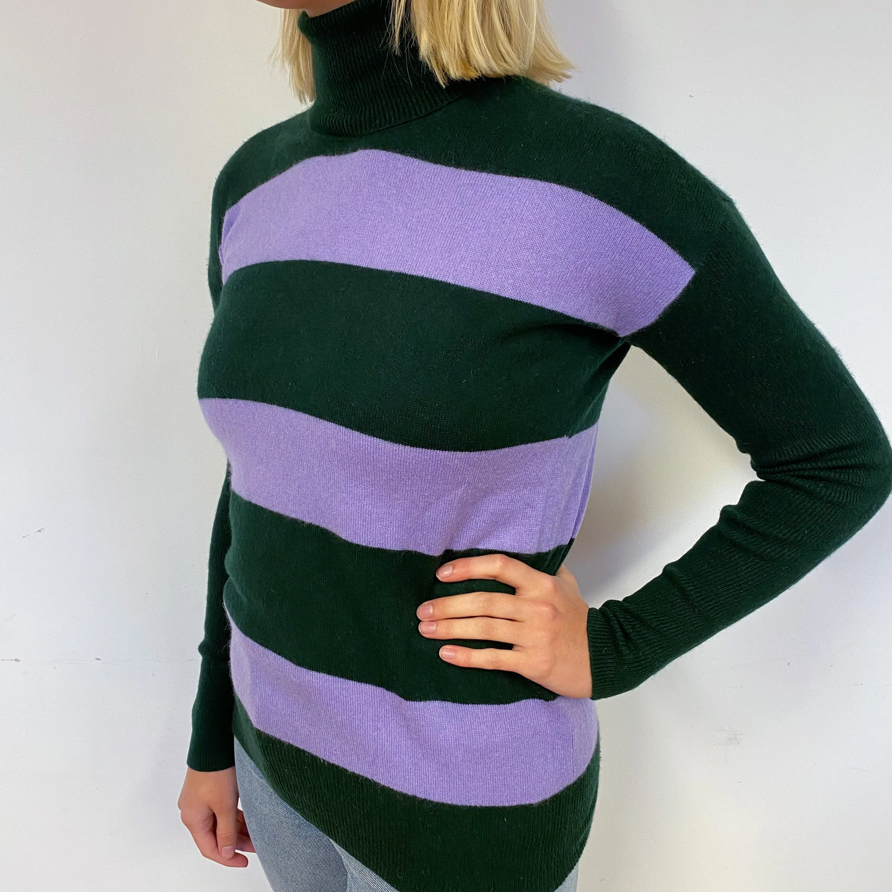Green and Purple Stripe Cashmere Polo Neck Jumper Small