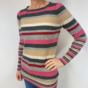 Grey and Pink Stripe Cashmere Crew Neck Jumper Medium