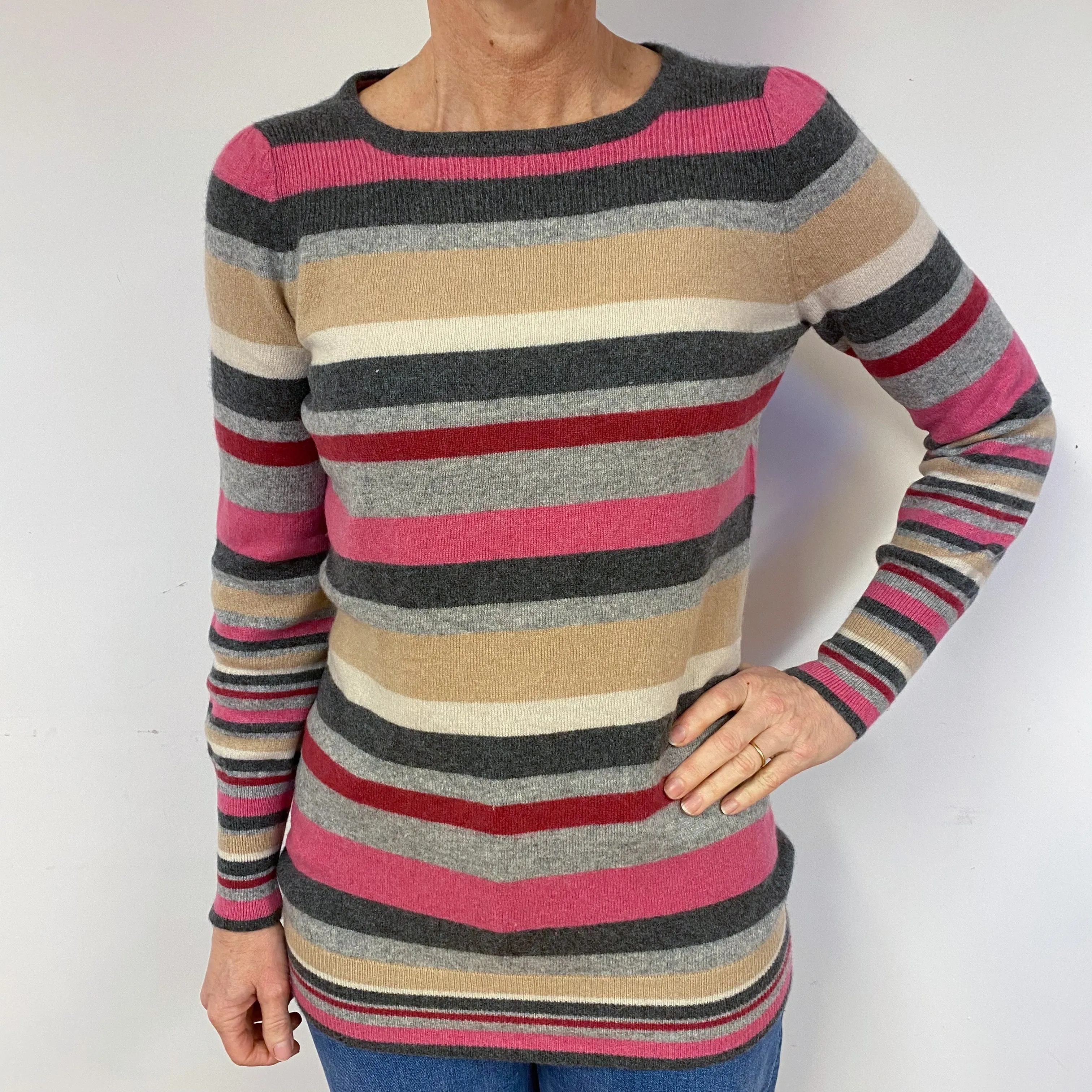 Grey and Pink Stripe Cashmere Crew Neck Jumper Medium