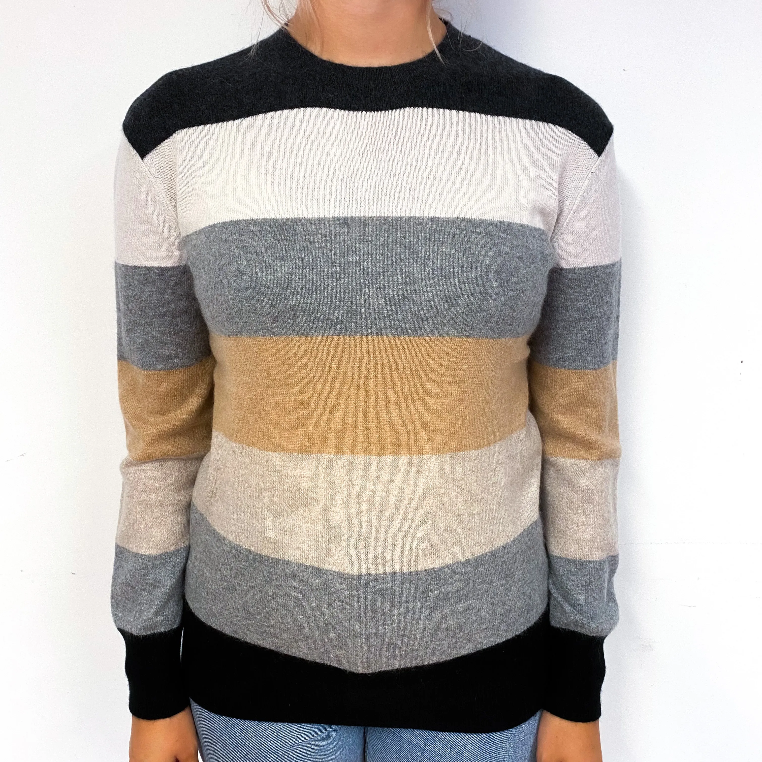 Grey Black Striped Slouchy Cashmere Crew Neck Jumper Small
