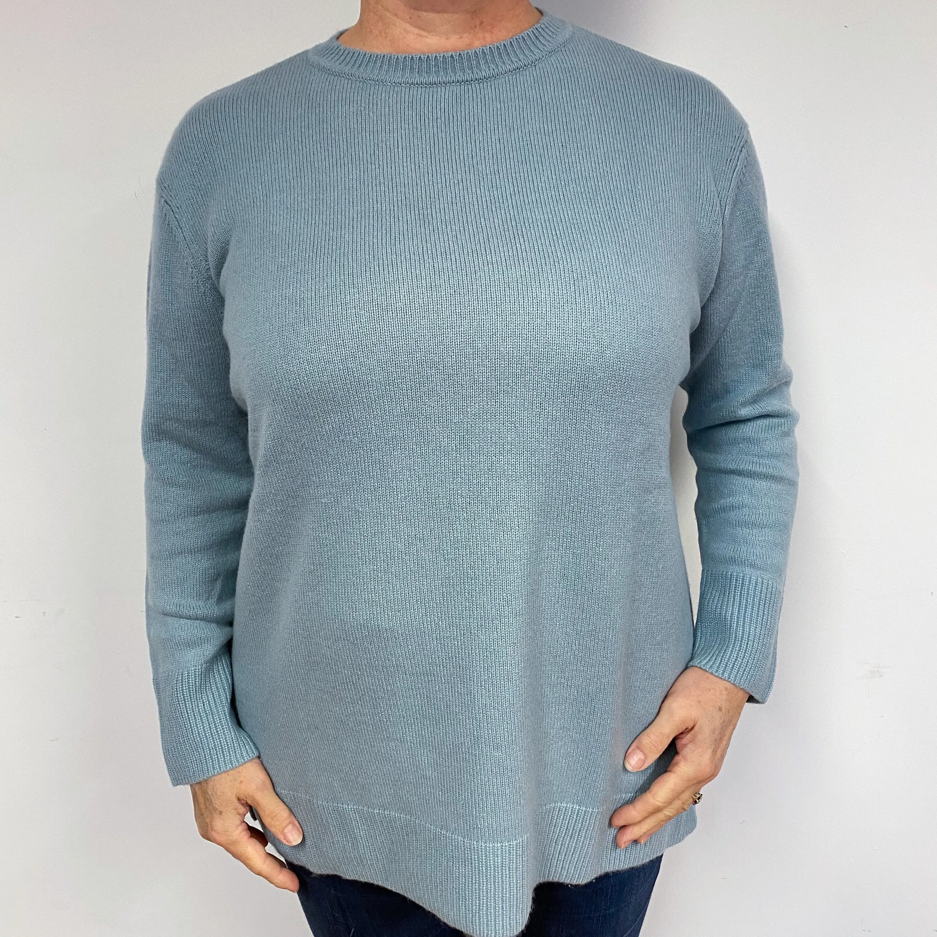 Grey Blue Chunky Cashmere Crew Neck Jumper Large