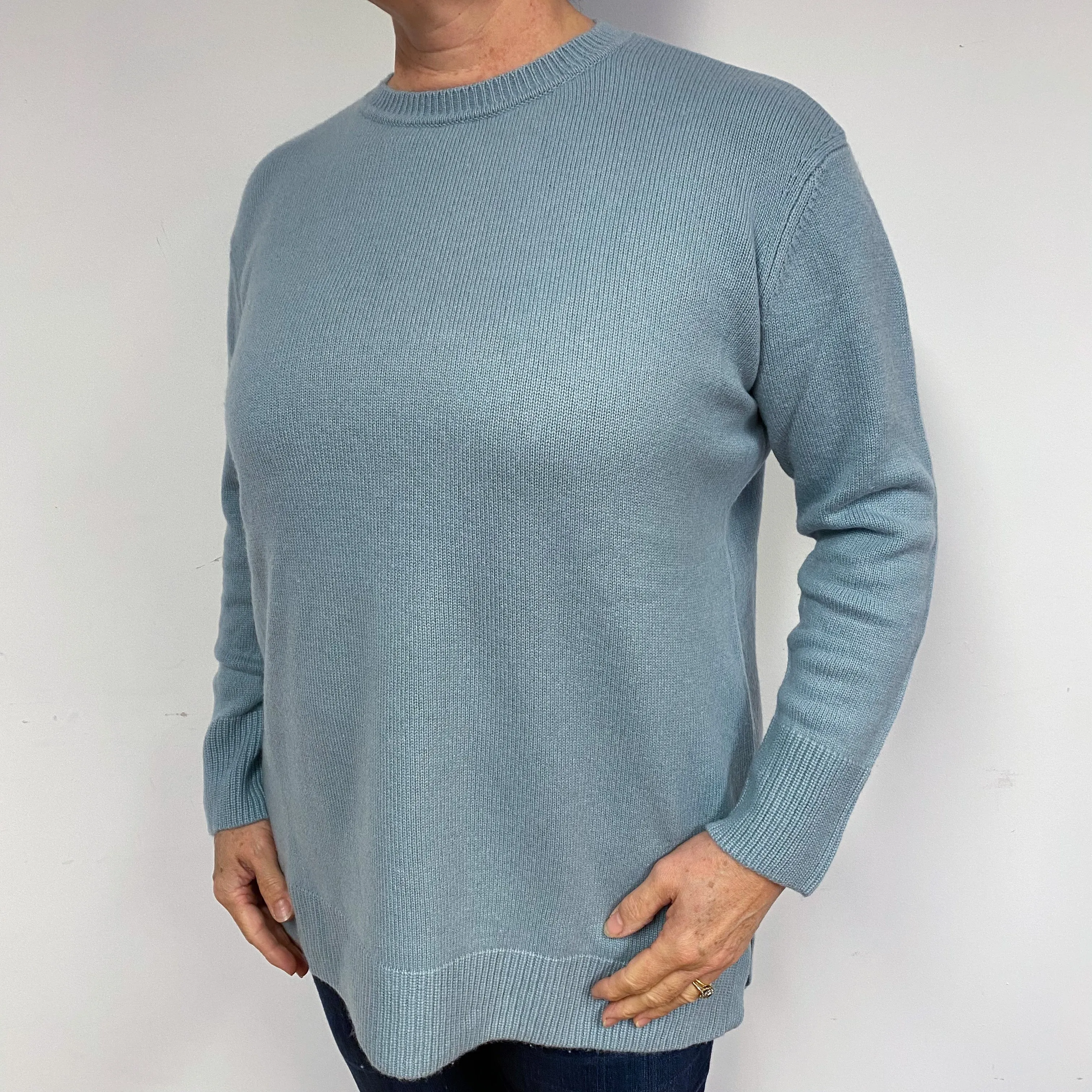 Grey Blue Chunky Cashmere Crew Neck Jumper Large