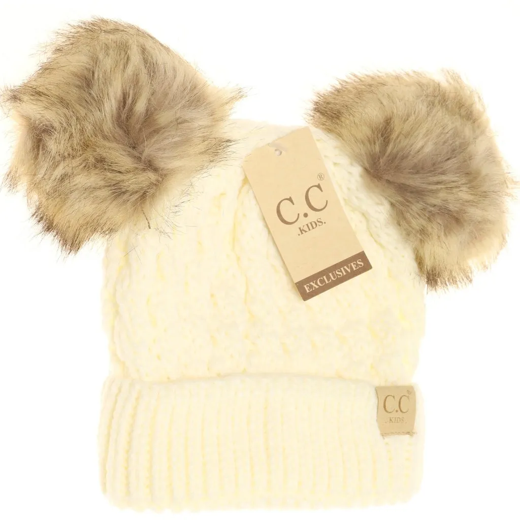 KIDS Cable Knit Double Fur Pom Beanie