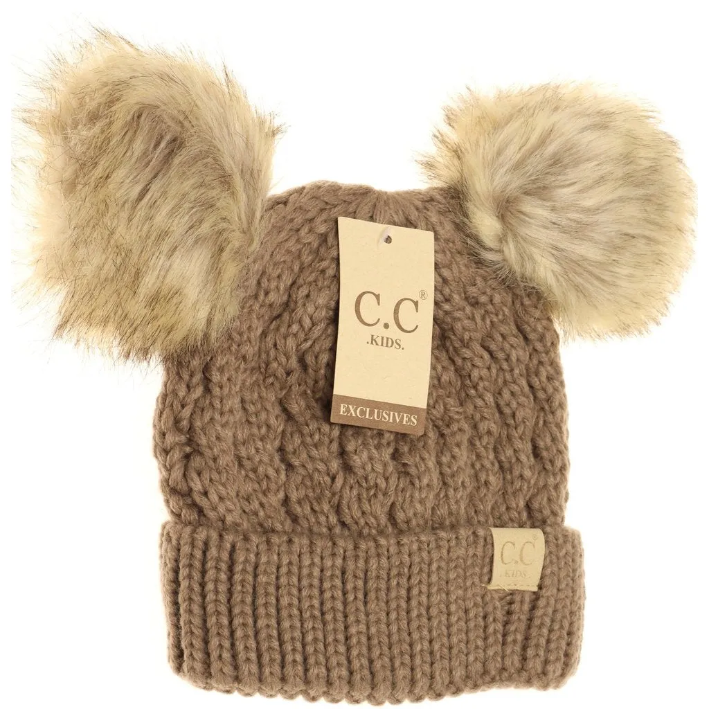 KIDS Cable Knit Double Fur Pom Beanie