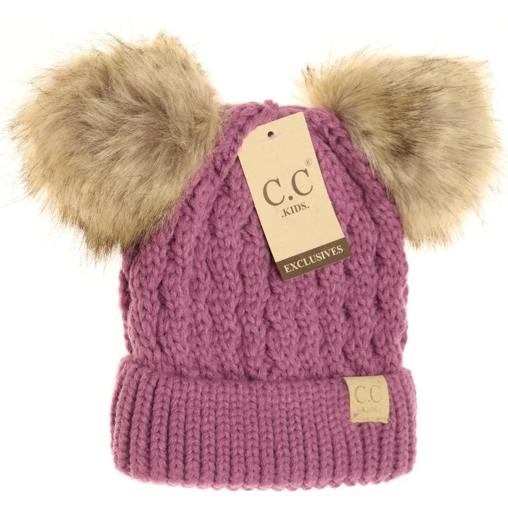 KIDS Cable Knit Double Fur Pom Beanie